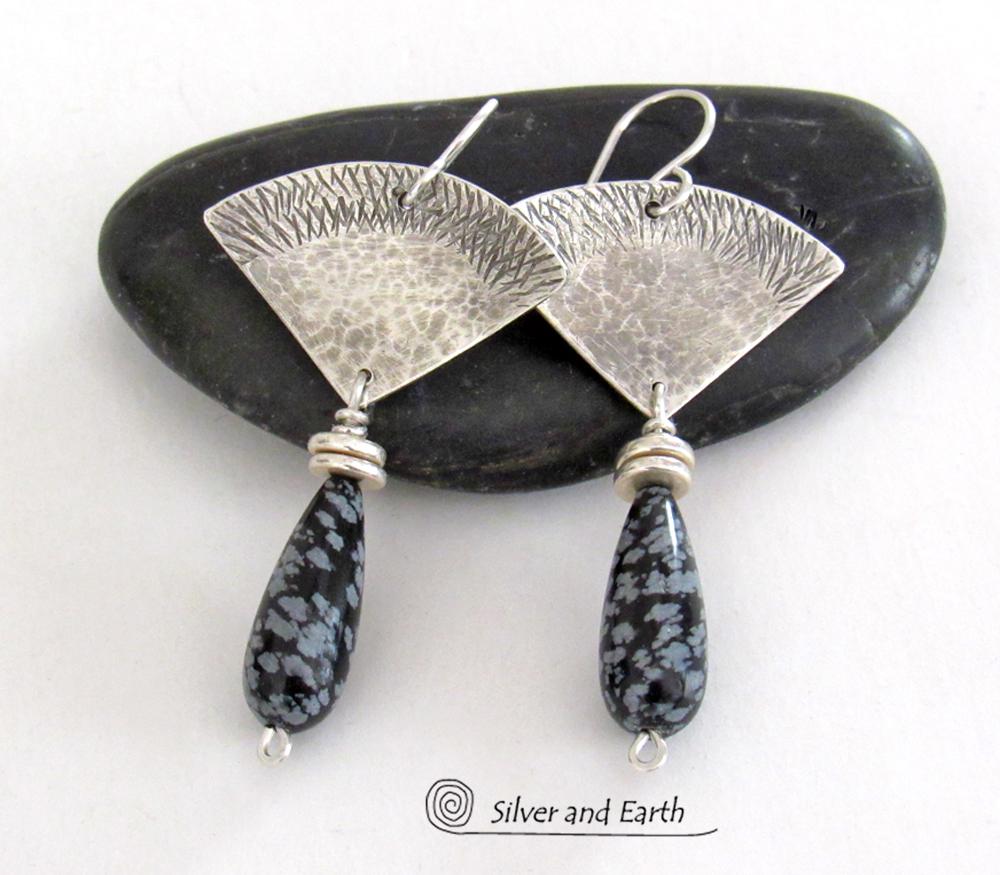 Snowflake Obsidian & Sterling shops Silver Earrings, Black White Silver